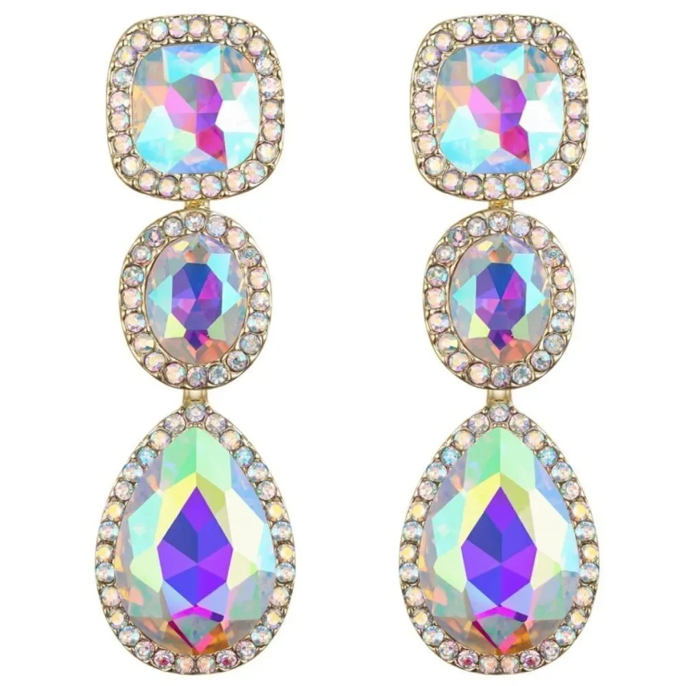 Yellow Gold and Iridescent AB Austrian Crystal Dangling Chandelier Post Earrings